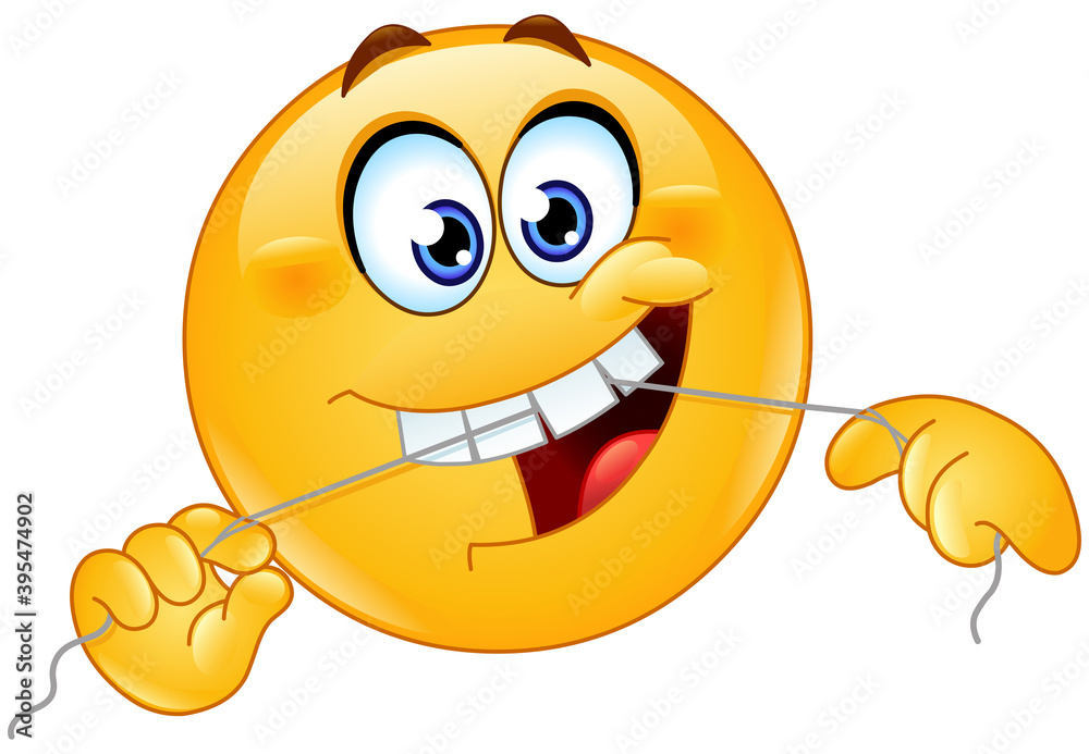 Emoji emoticon cleaning his teeth with a dental floss vector de Stock