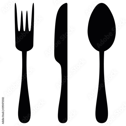Cutlery. Silhouette. Knife, fork and spoon. Vector set of illustrations. Outline on an isolated white background. Flat style. Collection of tools for eating. Lunch equipment. 