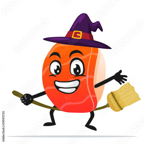 vector illustration of sushi mascot or character wearing witch costume and ride flying broom
