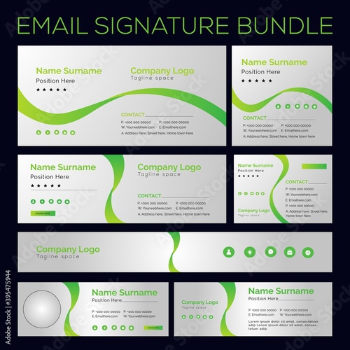7 Different flat and modern e-mail signature templates, Email signature, Illustration of profile contact us, emailing user card, Set of 7 flat and modern e-mail signature templates,