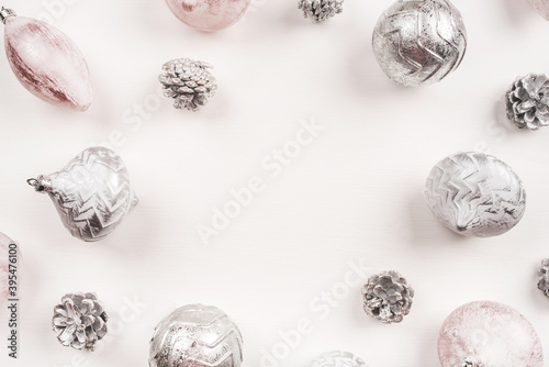 Festive Christmas background with Christmas decorations. Flat lay, top view.