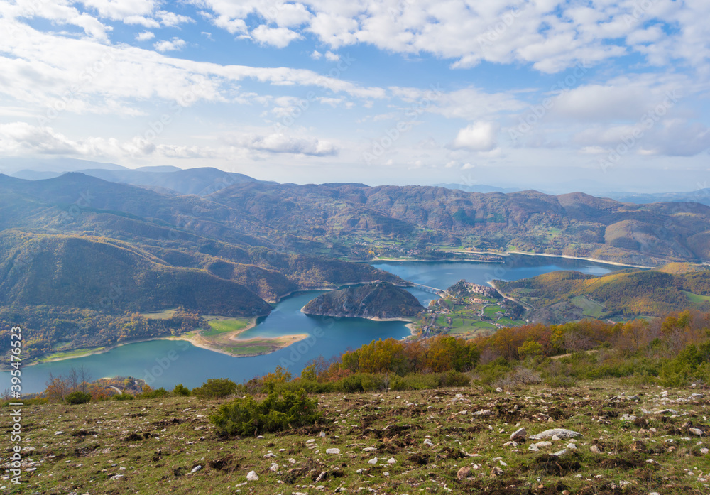 Turano lake (Rieti, Italy) and the town of Castel di Tora - Here a view from Navegna mount