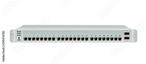 The Ethernet 1U switch for mounting with a 19-inch rack with 26 ports, including 2 backbones port. The color of the switch is light. Vector illustration. photo
