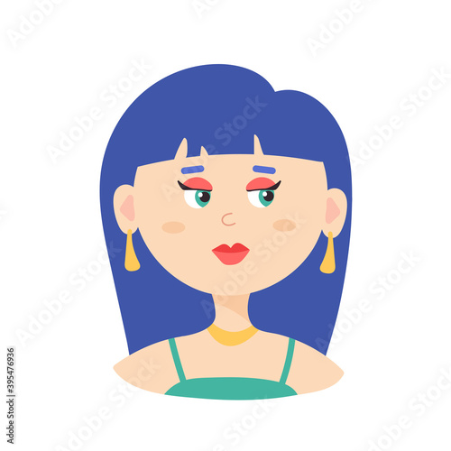 vector portrait of elegant young woman in evening dress and blue long hair. glamorous fashion lady in flat style with round head,make up. beautiful fashionable girl. isolated on white background.