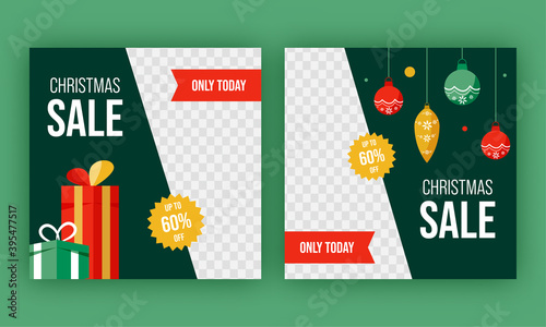 Christmas Sale Poster Design Set With 60% Discount Offer, Gift Boxes, Hanging Baubles On Png And Green Background.
