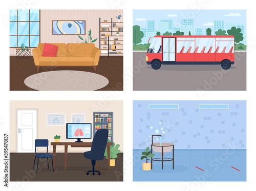 Social environment flat color vector illustration set. Modern living room. Trendy home. Kindergarten toilet. Respiratory doctor office. Empty 2D cartoon interior with scenery on background collection