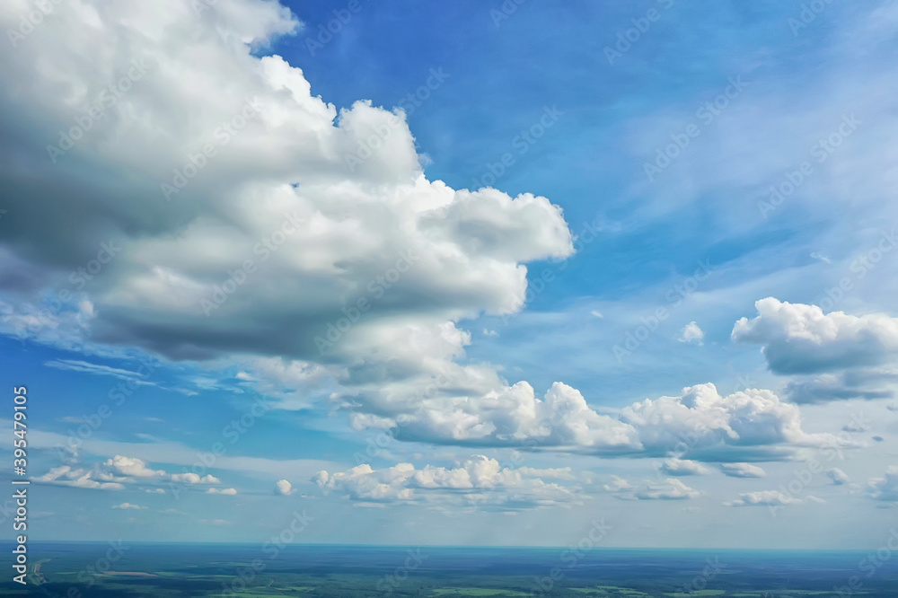 white clouds on blue sky background, abstract seasonal wallpaper, sunny day atmosphere