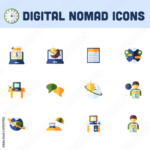 Colorful Digital Nomad Icon Set In Flat Style.