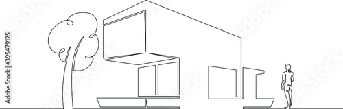 Modern trendy eco country house. The owner is a tenant architect near his building.One continuous drawing line, logo single hand drawn art doodle isolated minimal illustration.