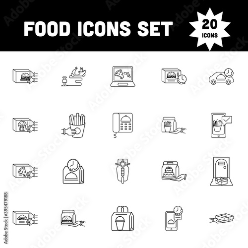 Flat Style Food Icon Set In Black Line Art.