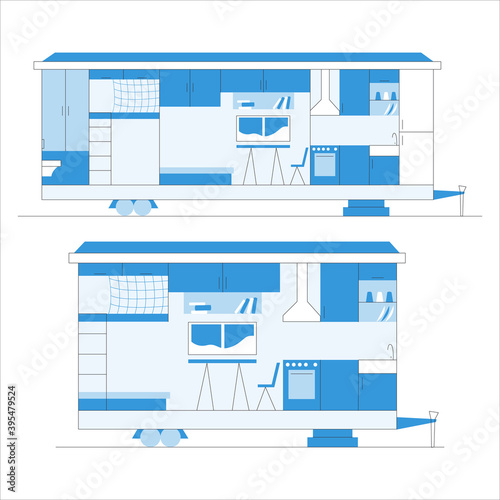 Tiny house with kitchen, bedroom, living room. Small home for family. Compact space concept. Vector flat hand drawn illustration. Design for web sites, cards, posters, advert.