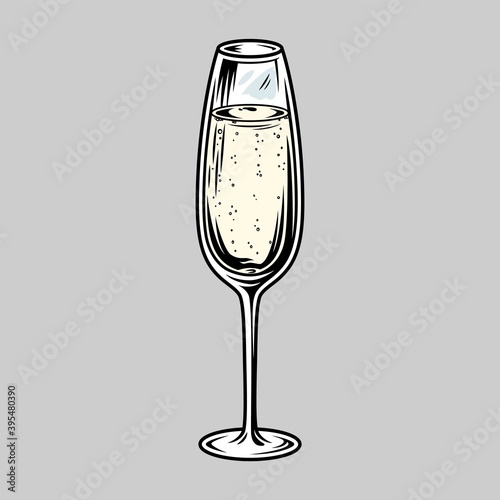 Colored glass of champagne with bubbles monochrome vector alcohol bar party menu