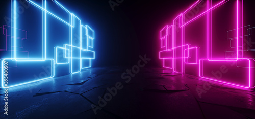 Neon Sci Fi Retro Modern Tunnel Corridor Vibrant Purple Blue Rectangle Shapes Lines Background Cement Floor Rough Club Stage Lights 3D Rendering