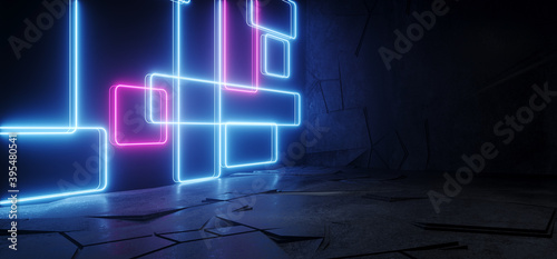 Neon Sci Fi Retro Modern Tunnel Corridor Vibrant Purple Blue Rectangle Shapes Lines Background Cement Floor Rough Club Stage Lights 3D Rendering