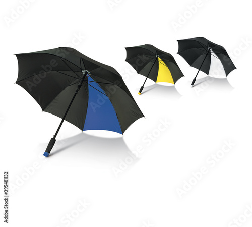 3d illustration of open rain umbrellas in different positions and colors with wooden and plastic handle and shadows on white background