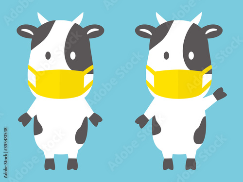 マスクを付けている牛のイラスト　フラットデザイン