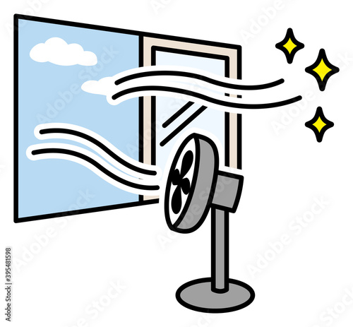 扇風機の風を窓の外に向けて部屋の換気をしているイラスト　ピクトグラム　換気図　Ventilation using a electric fan