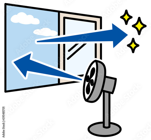 扇風機の風を窓の外に向けて部屋の換気をしているイラスト　ピクトグラム　換気図　Ventilation using a electric fan