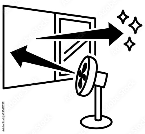 扇風機の風を窓の外に向けて部屋の換気をしているイラスト　ピクトグラム　換気図　Ventilation using a electric fan