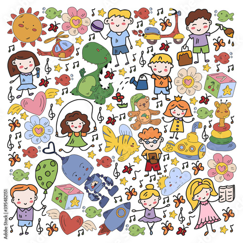 Poster with cute doodle drawing of happy kids and precepts to celebrate Children s Day. Kindergarten children.