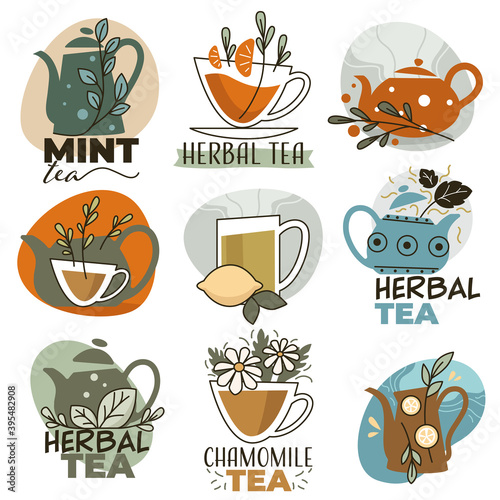 Herbal tea with mint and lemon, labels and emblems