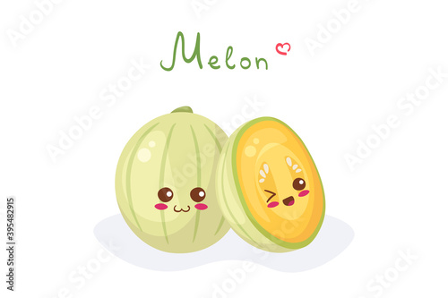 Kawaii Melon characters - whole and sliced. Healthy exotic food characters vector illustration isolated on white background with lettering. Use for food hall menu, t-shirt print, smoothie, juice.