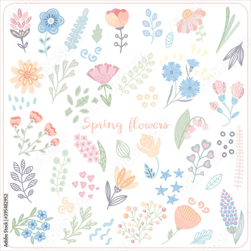 Set of abstract hand draw flowers. Simply colorful flowers and floral elements isolated on white background. Delicate, Gentle, spring floral background.