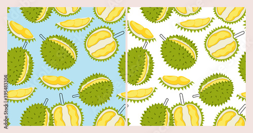 Vector seamless pattern of durian fruit. Tropical fruit on a blue and white background. Bright green exotic fruits. Vegetarian vegan fresh raw food. Design for printing, Wallpaper, fabric, textiles