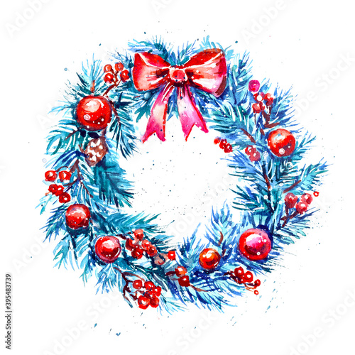 Fototapeta Naklejka Na Ścianę i Meble -  Christmas decorative wreath painted with watercolor