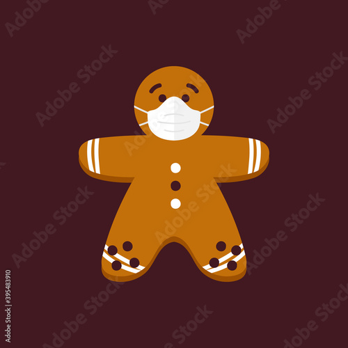 Cute cartoon style gingerbread man in white medical face mask. Christmas traditional cookie.