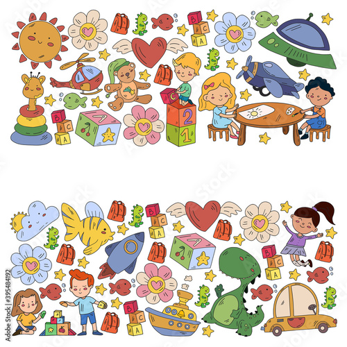 Poster with cute doodle drawing of happy kids and precepts to celebrate Children's Day. Kindergarten children.