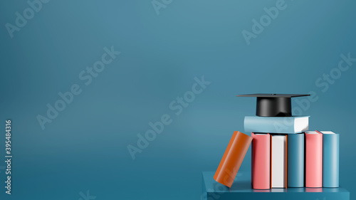 Fototapeta Naklejka Na Ścianę i Meble -  3D Rendering of colorful books and graduates hat on isolated blue background. There is a blank space for text. Education concept.