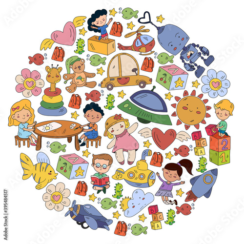 Poster with cute doodle drawing of happy kids and precepts to celebrate Children's Day. Kindergarten children.