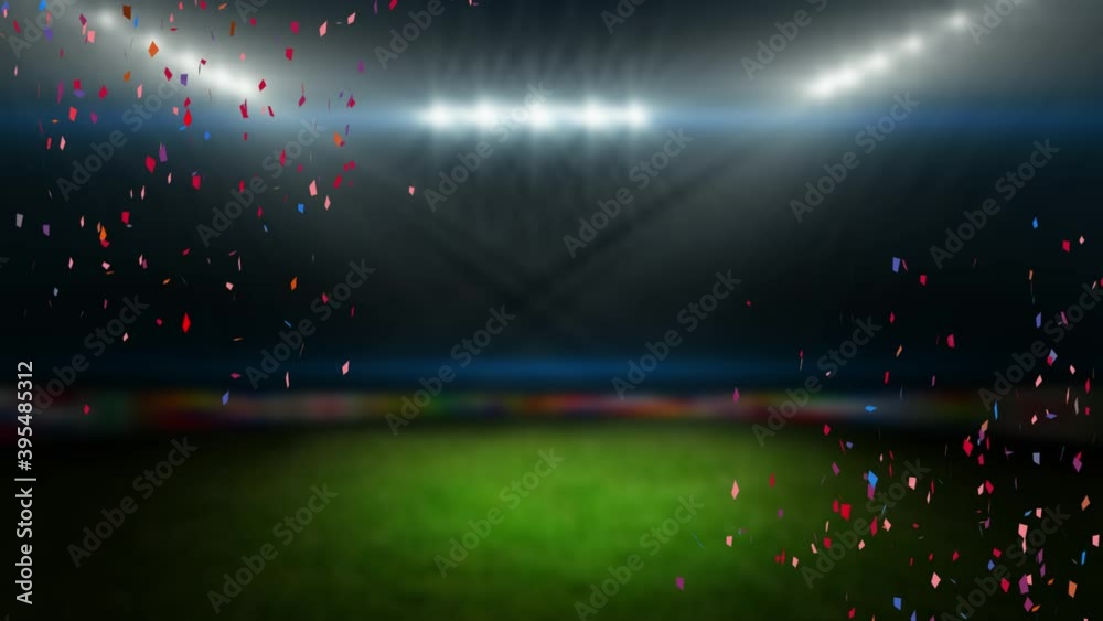 Animation of multi coloured confetti falling over empty sports stadium