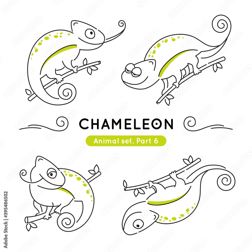 Set of doodle chameleons in various poses. Collection of cute characters isolated.