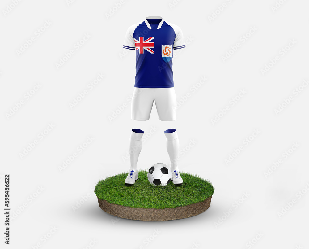 Anguilla soccer player standing on football grass, wearing a national flag uniform. Football concept. championship and world cup theme.