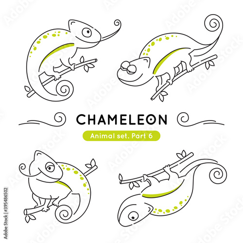 Set of doodle chameleons in various poses. Collection of cute characters isolated.