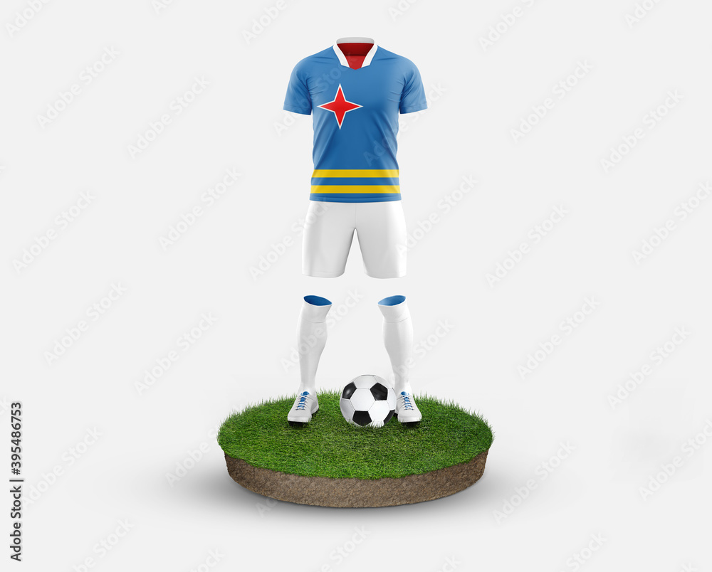 Aruba soccer player standing on football grass, wearing a national flag uniform. Football concept. championship and world cup theme.