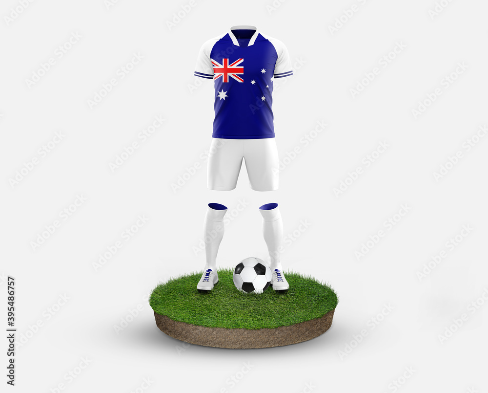 Australia soccer player standing on football grass, wearing a national flag uniform. Football concept. championship and world cup theme.