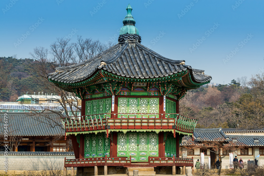 Traditional pavilion in the island of the lake in Gyeongbokgung, also known as Gyeongbokgung Palace or Gyeongbok Palace, the main royal palace of Joseon dynasty. Traditional pavilion in the island of the lake in Gyeongbokgung, also known as Gyeongbokgung Palace or Gyeongbok Palace, the main royal palace of Joseon dynasty.