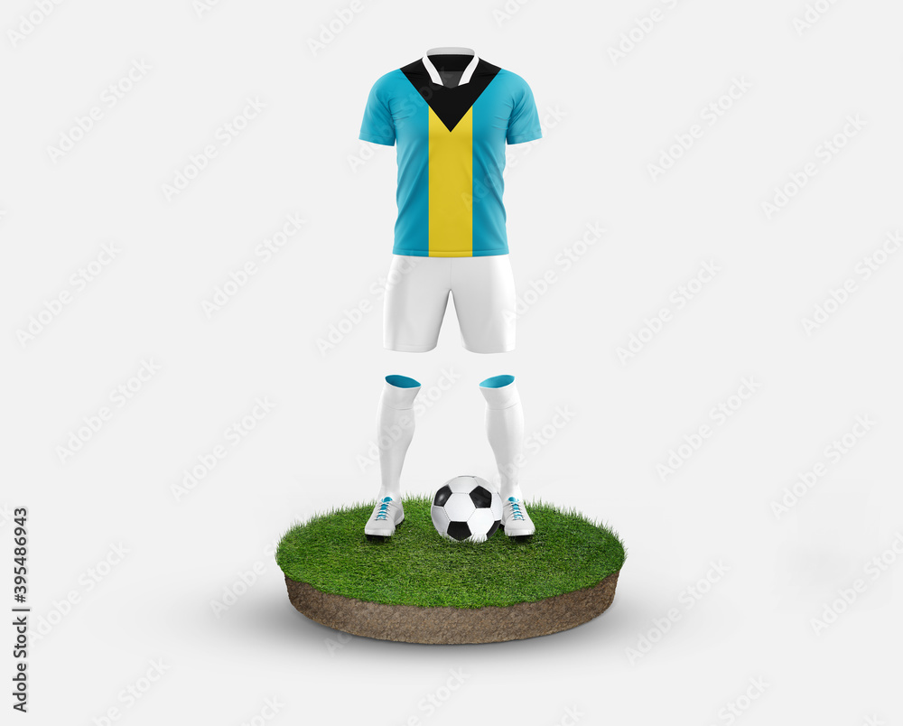 Bahamas soccer player standing on football grass, wearing a national flag uniform. Football concept. championship and world cup theme. Bahamas soccer player standing on football grass, wearing a national flag uniform. Football concept. championship and world cup theme.