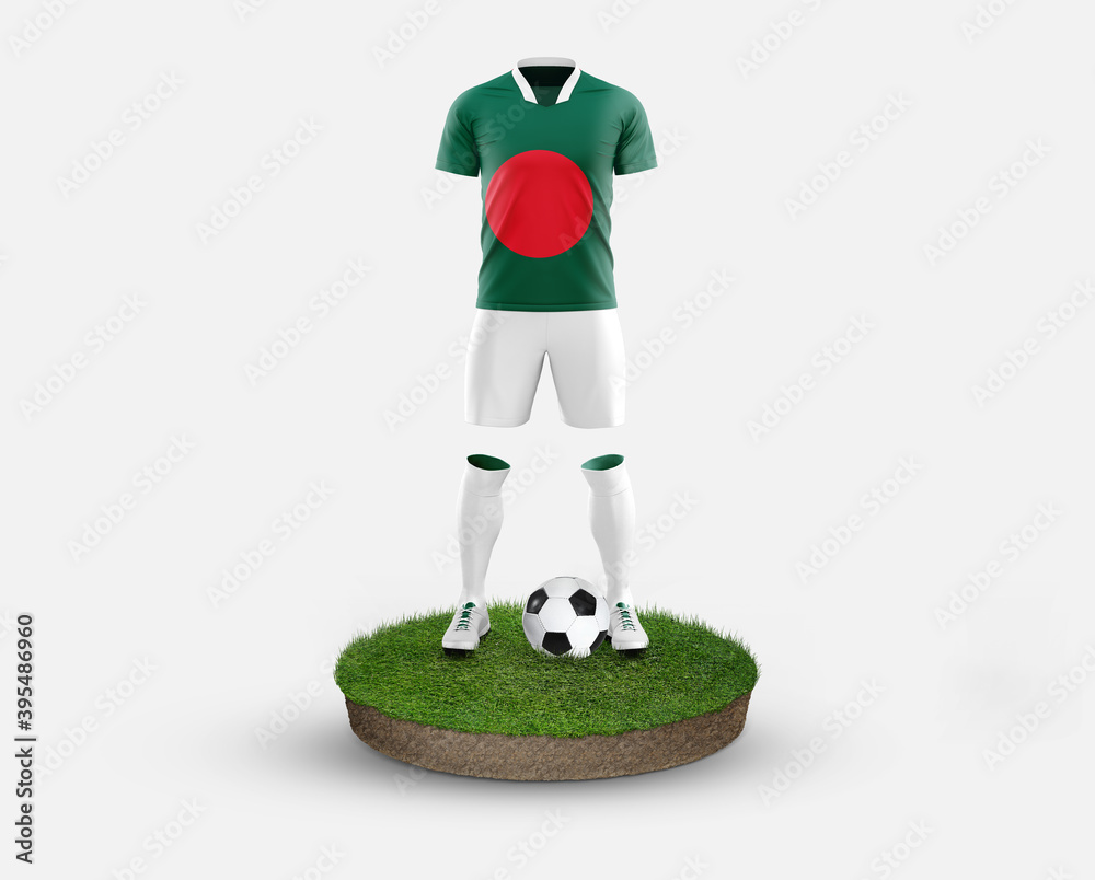 Bangladesh soccer player standing on football grass, wearing a national flag uniform. Football concept. championship and world cup theme.