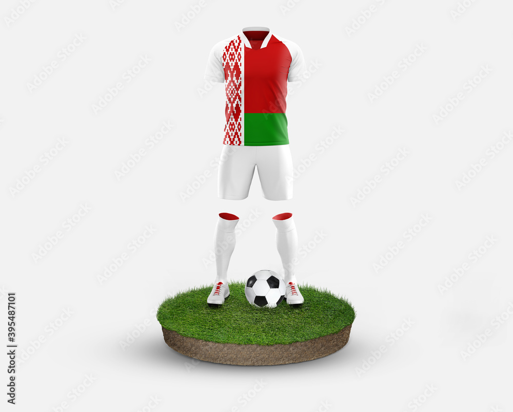 Belarus soccer player standing on football grass, wearing a national flag uniform. Football concept. championship and world cup theme.