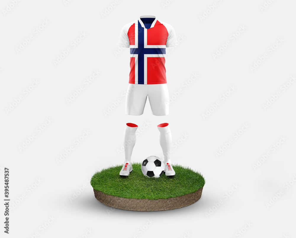 Bouvet Islands soccer player standing on football grass, wearing a national flag uniform. Football concept. championship and world cup theme.