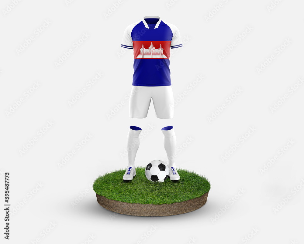 Cambodia soccer player standing on football grass, wearing a national flag uniform. Football concept. championship and world cup theme.