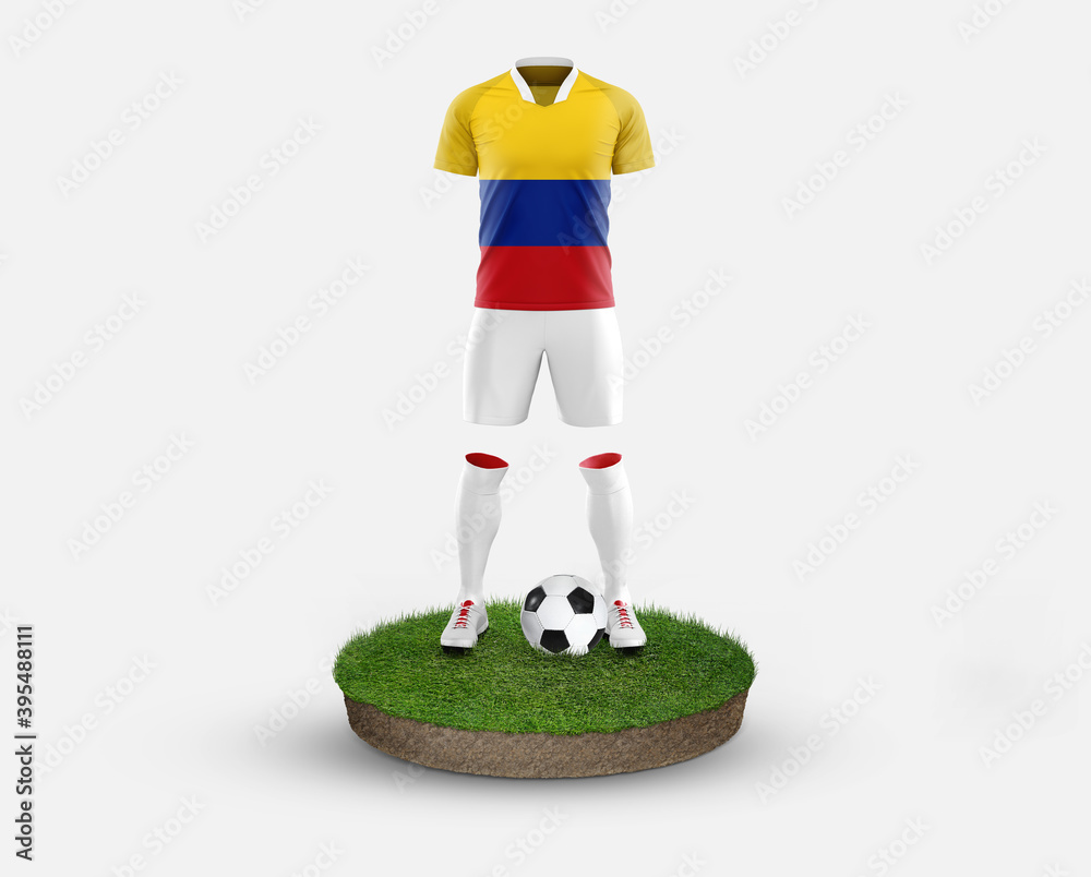 Colombia soccer player standing on football grass, wearing a national flag uniform. Football concept. championship and world cup theme.