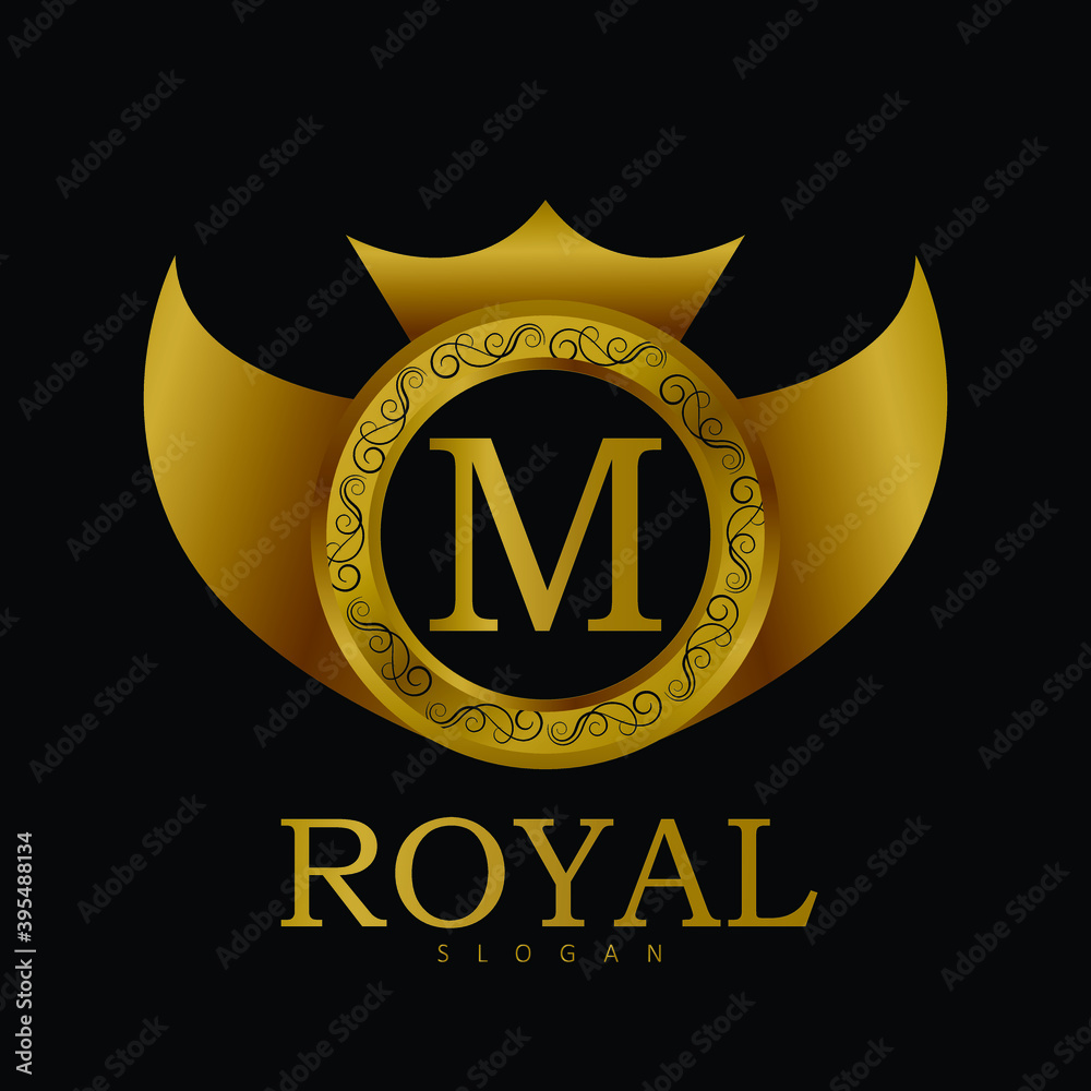 Royal Golden logo Design for letter M. luxury Golden Vector logo design ...
