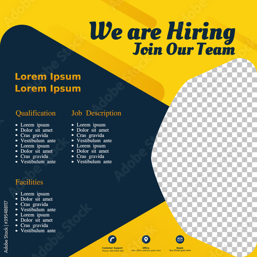 Hiring recruitment design poster.Open vacancy design template. Social media post design layout space for photo background