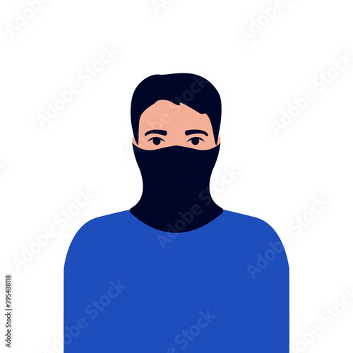 Young man with neck gaiter, face mask. Protection versus viruses and infection. Respiratory mask for safe, health care. Vector illustration