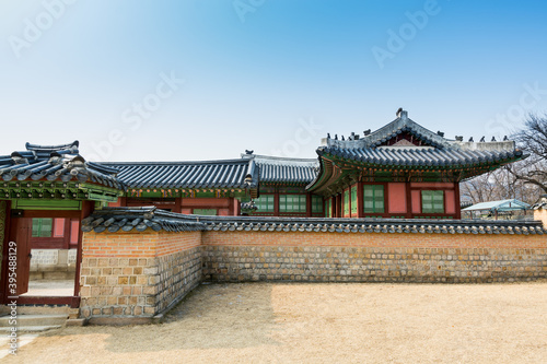 Korean wooden traditional house with black tiles in Gyeongbokgung, also known as Gyeongbokgung Palace or Gyeongbok Palace, the main royal palace of Joseon dynasty.